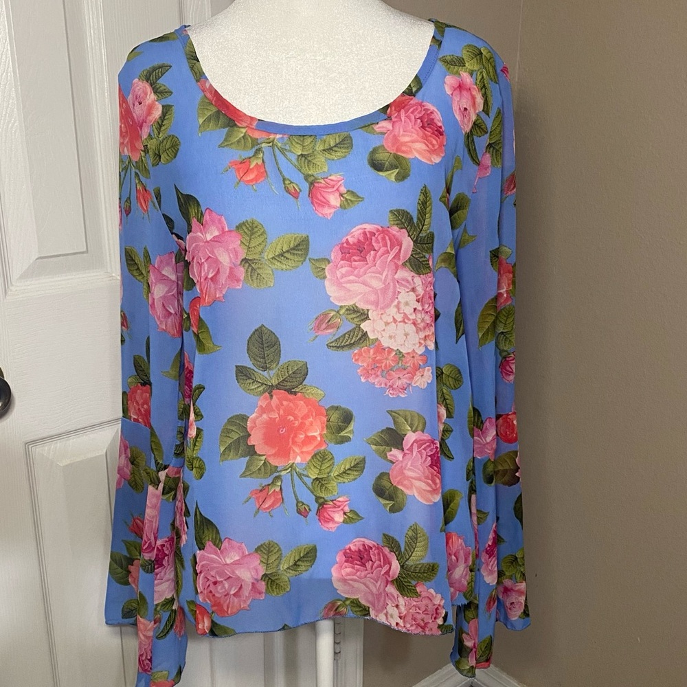 Rue 21 Size L Sheer Blue Chiffon Top Pink Floral Top Split Back Bell Sleeves